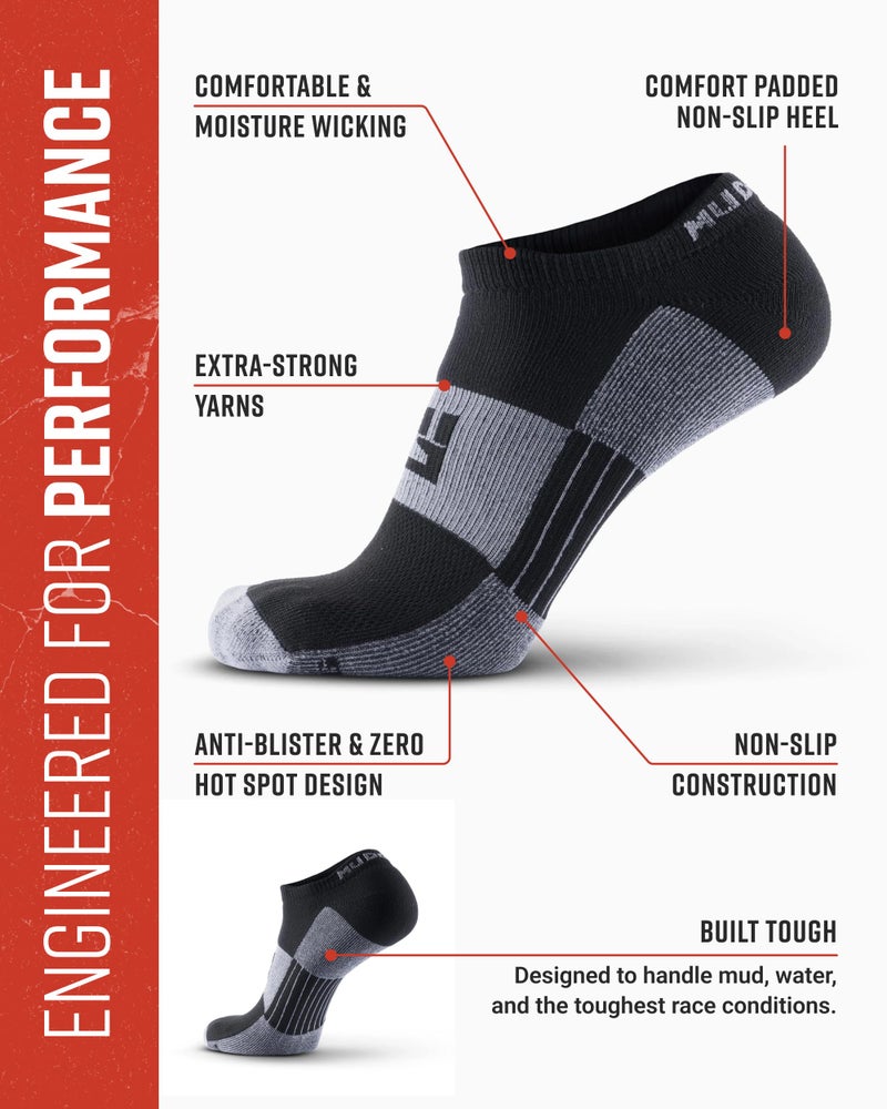 MudGear Spartan Race No-Show Running Socks, Cushioned, Non-Slip, Anti-Blister, Breathable Compression Athletic AnkleSocks for Trail, Marathon, Gym &Training, 2-Pack, Black/Gray, Large - Image 4